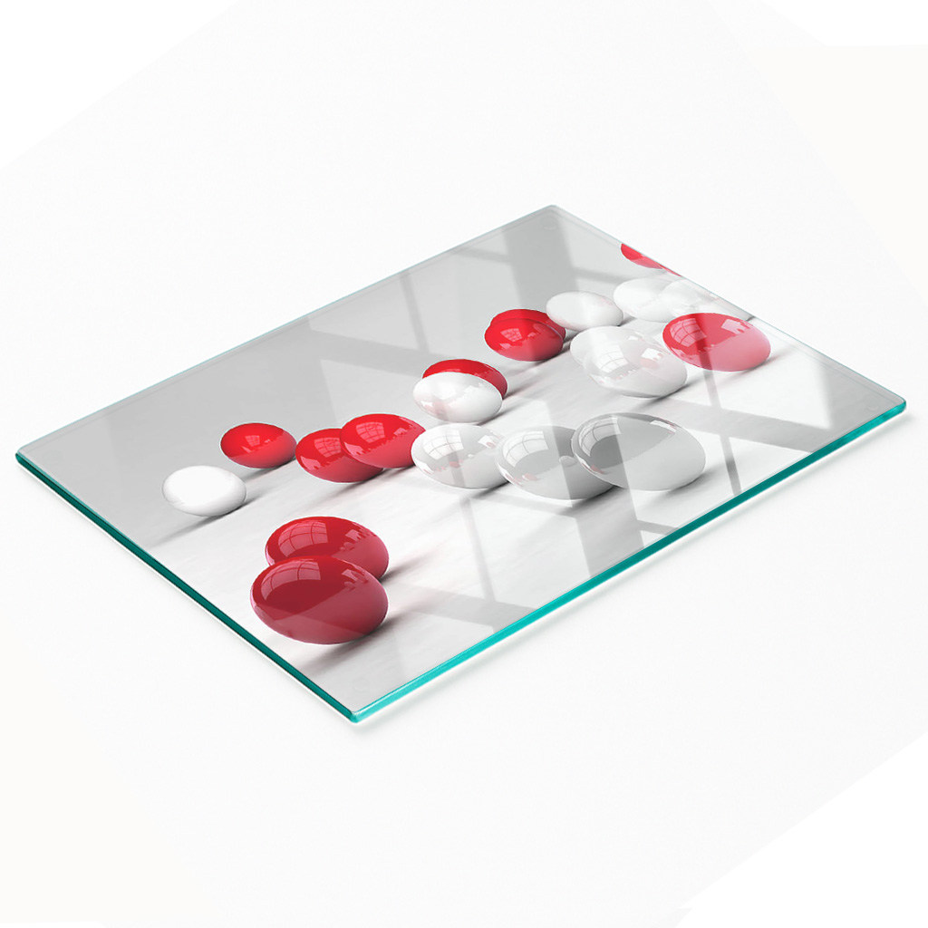 Glasplatte Mit Dekorativem Aufdruck Roter Und Weißer Kugeln, 80 X 52 Cm