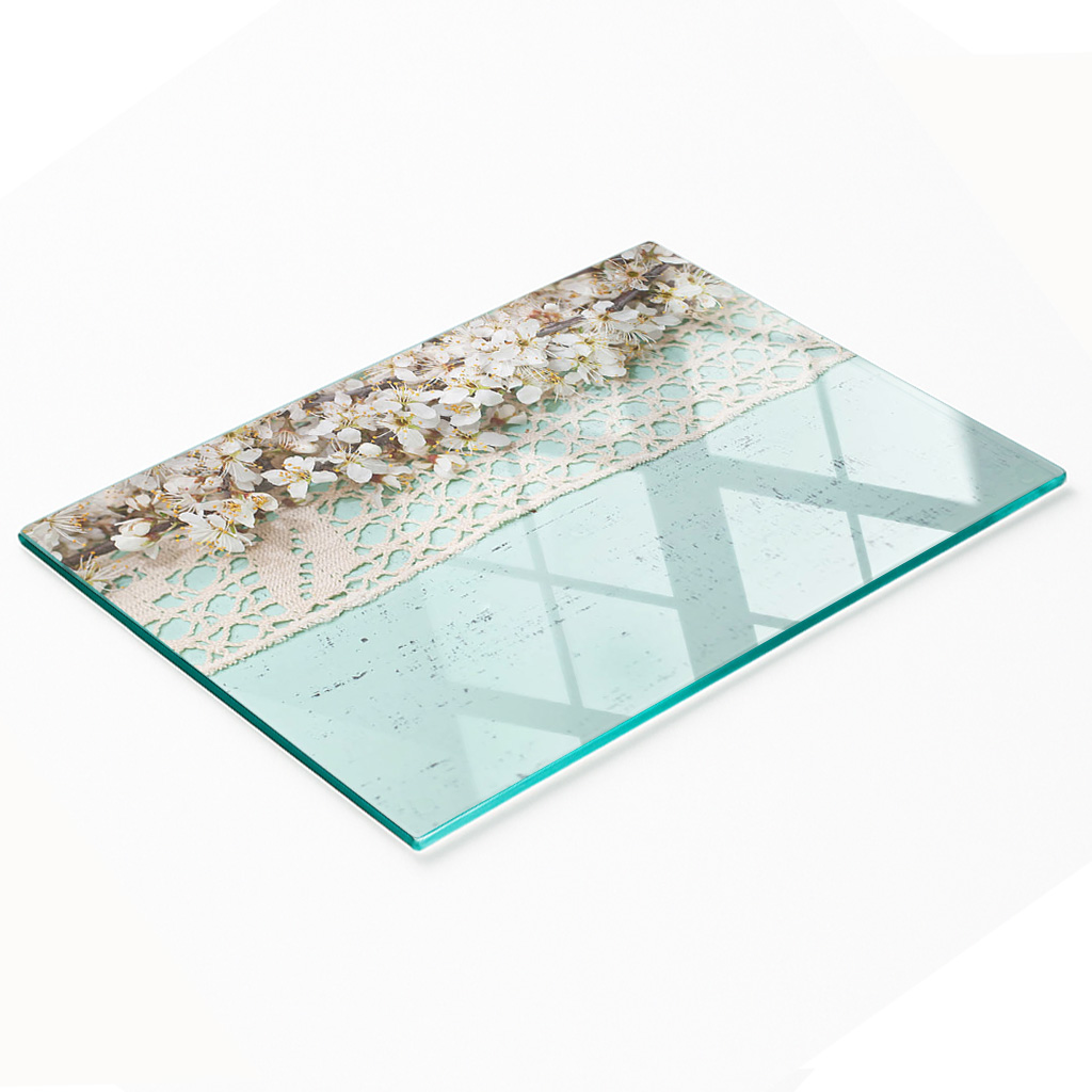 Dekorative, Multifunktionale Glasplatte Aus Gehärtetem Glas Mit Kirschblütenmotiv, 80 X 52 Cm