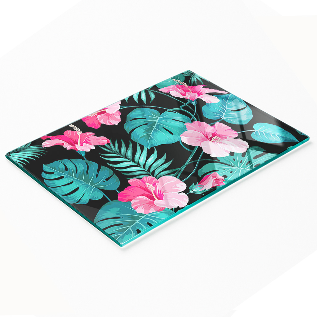 Stilvolle Und Robuste Glasplatte Mit Tropischem Blumenmuster, 80 X 52 Cm