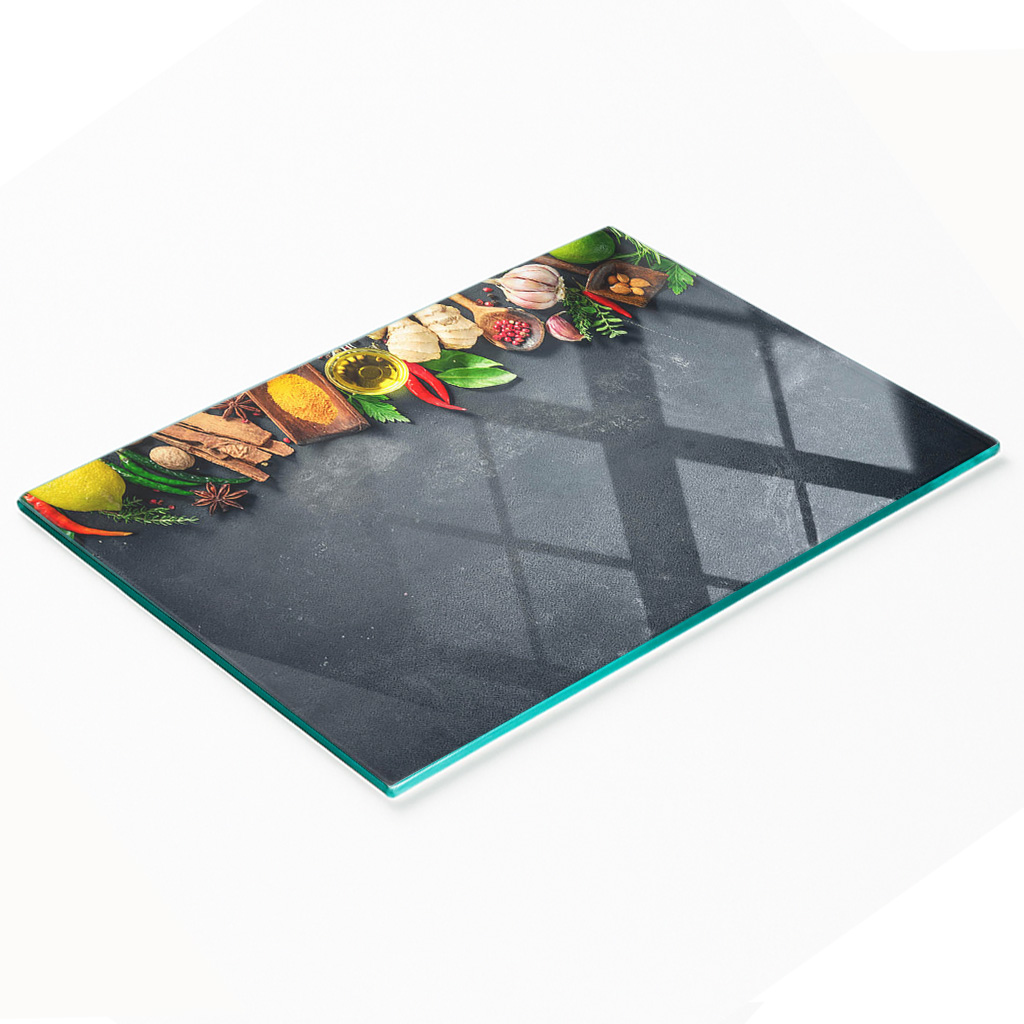 Dekoratives Schneidebrett Aus Gehärtetem Glas Für Kräuter Und Gewürze, 80 X 52 Cm