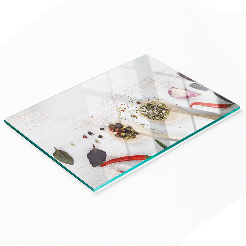 Küchenschneidebrett Aus Glas Mit Gemüse- Und Gewürzmotiv, 80 X 52 Cm