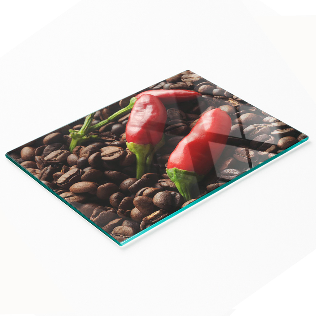 Robuste Und Stilvolle Glasplatte Mit Chili- Und Kaffeemuster, 80 X 52 Cm