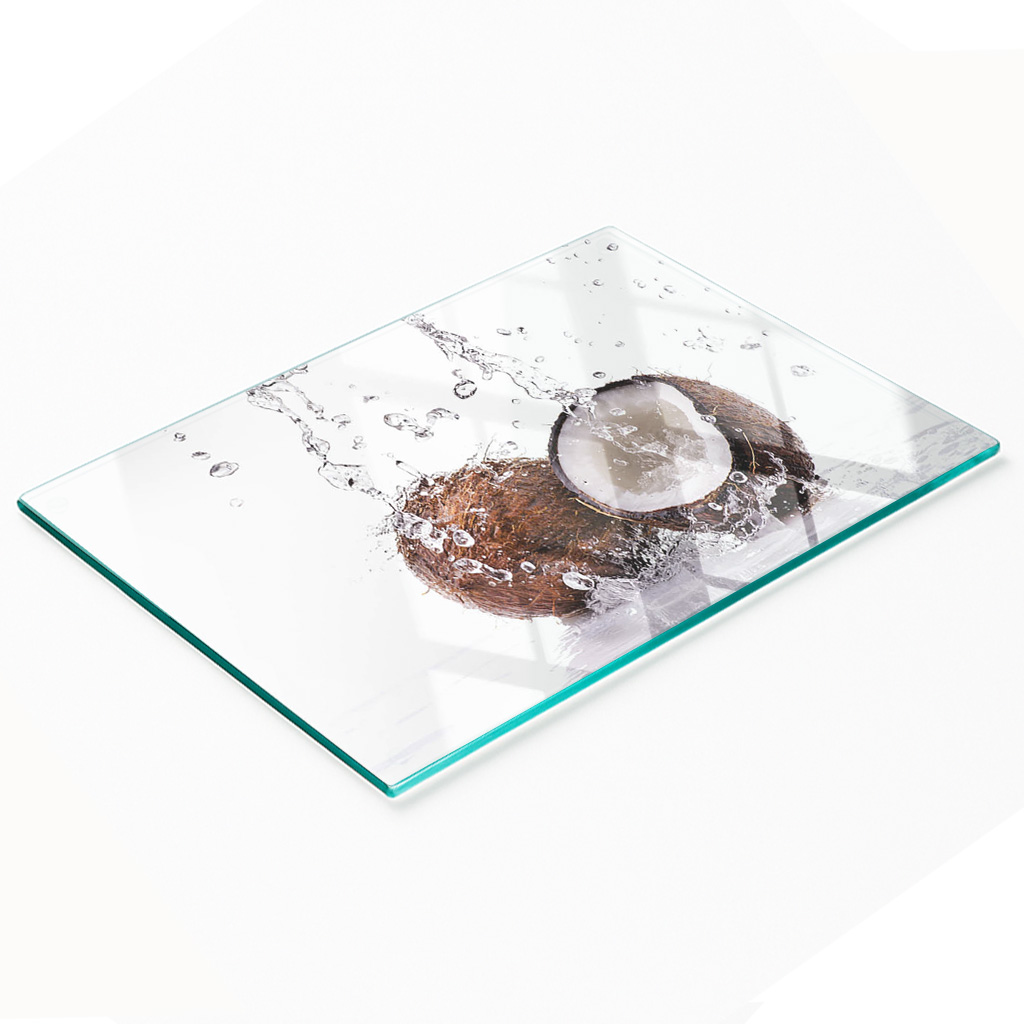Multifunktionale Dekorative Glasplatte Mit Kokosnuss- Und Wassermotiv, 80 X 52 Cm