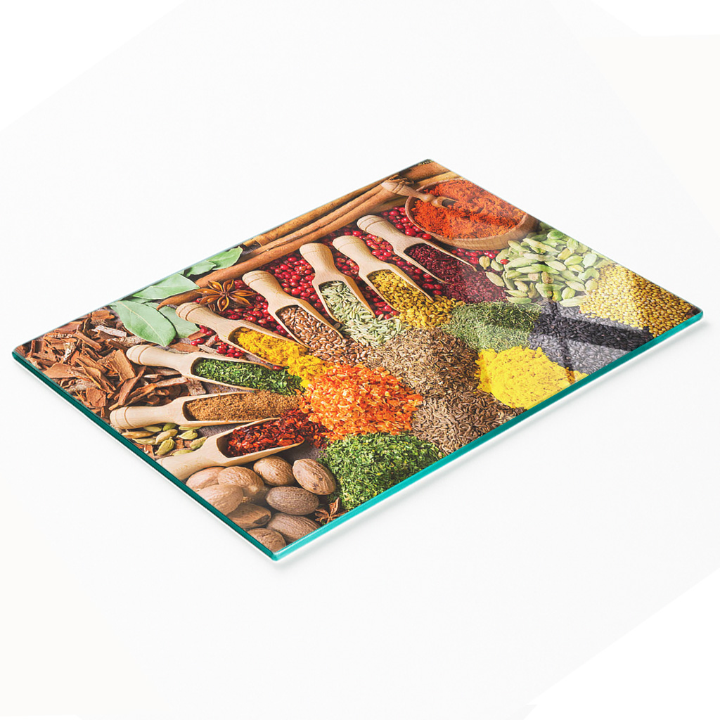 Dekoratives Küchenschneidebrett Aus Glas Mit Bunten Gewürzen, 80 X 52 Cm