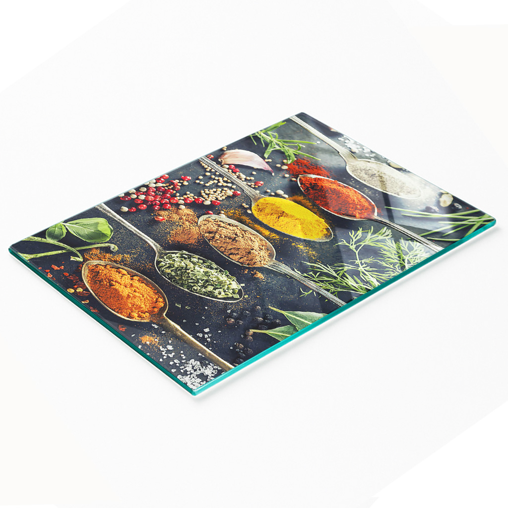 Stilvolles Und Robustes Glasbrett Mit Farbenfrohem Gewürzmuster, 80 X 52 Cm