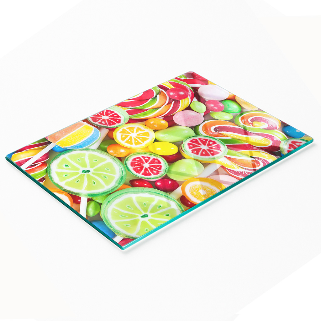 Stilvolles Und Robustes Glasbrett Mit Farbenfrohem Süßigkeitenmuster, 80 X 52 Cm