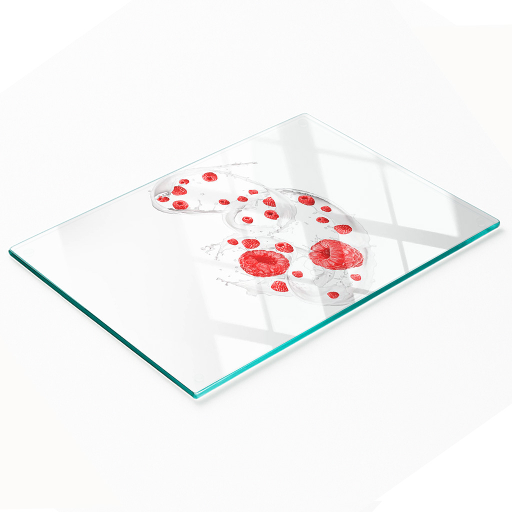 Dekoratives Küchenschneidebrett Aus Glas, Himbeeren Mit Milch, 80 X 52 Cm