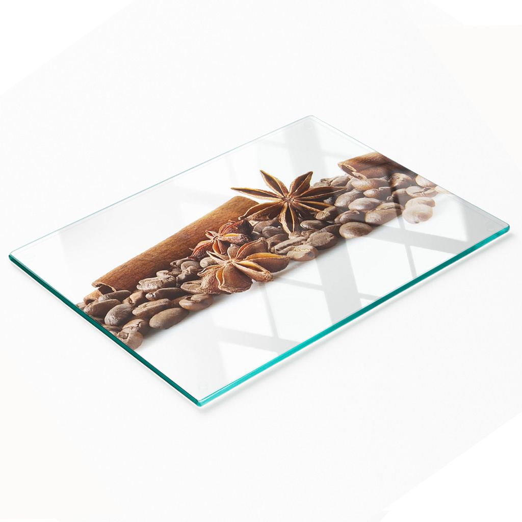 Schneide- Und Servierbrett Aus Glas, Kaffeebohnen Und Zimt, 80 X 52 Cm