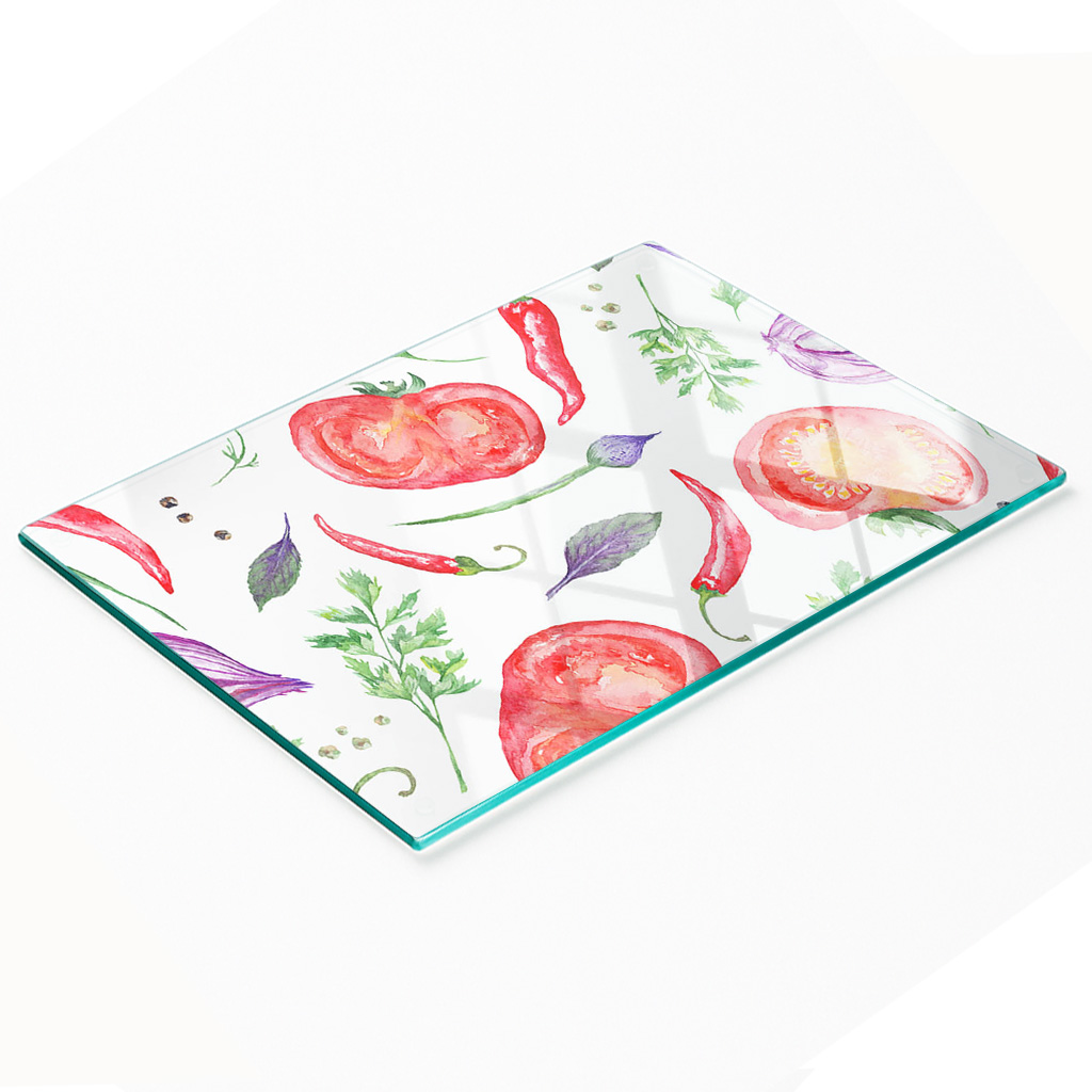 Küchenbrett Aus Gehärtetem Glas Mit Tomaten- Und Gewürzmotiv, 80 X 52 Cm