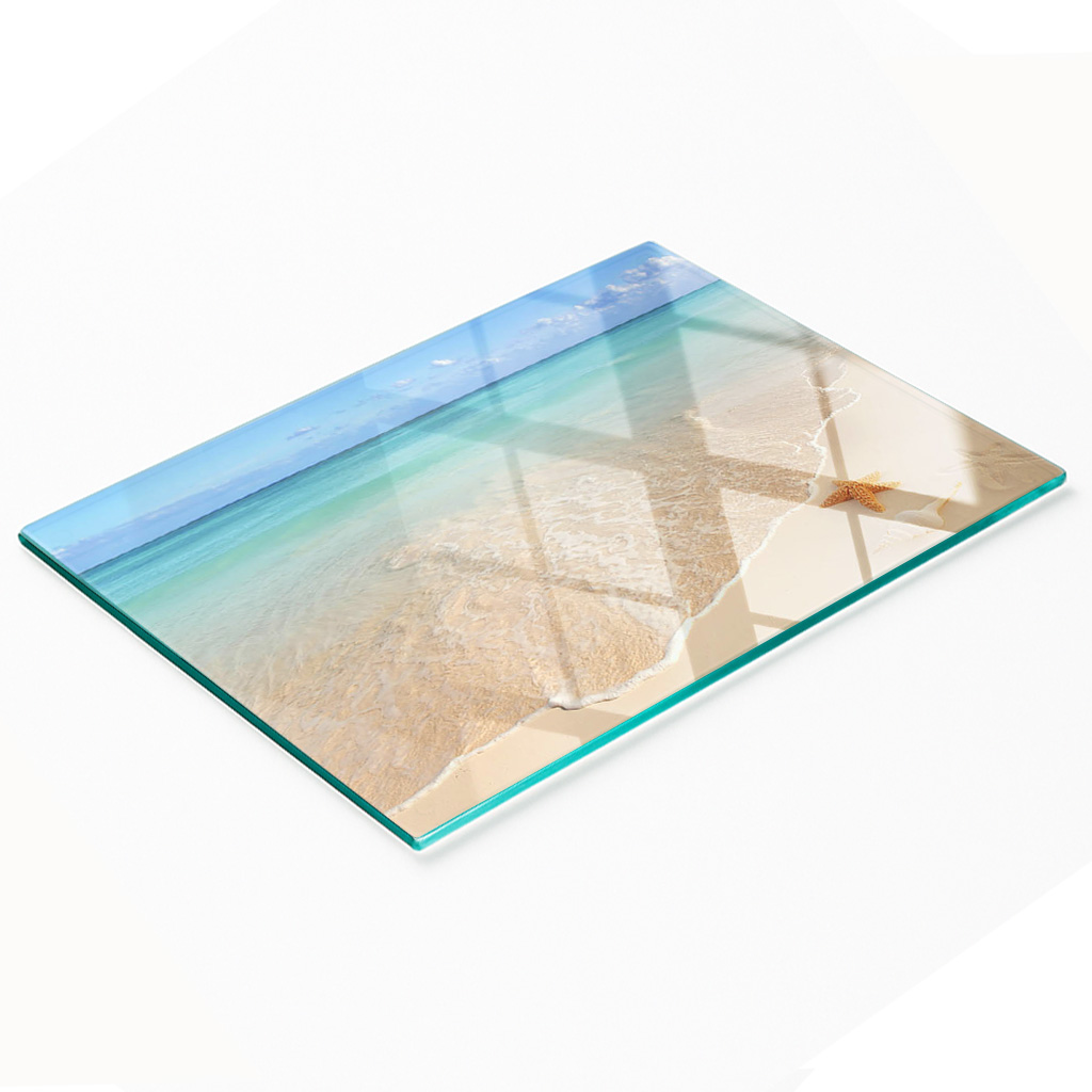 Stilvolle Und Robuste Glasplatte Mit Seesternmotiv Am Strand, 80 X 52 Cm