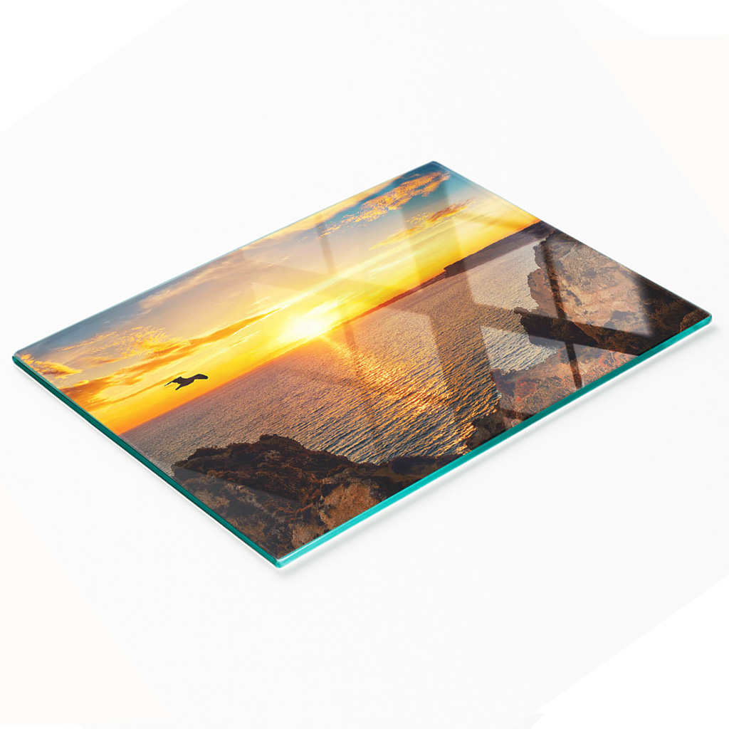 Robuste Und Stilvolle Glasplatte Mit Sonnenuntergangs-meeresmotiv, 80 X 52 Cm