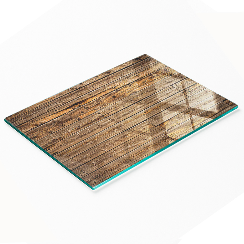 Küchenservierbrett Aus Glas Mit Grafik, Holzverkleidung, 80 X 52 Cm