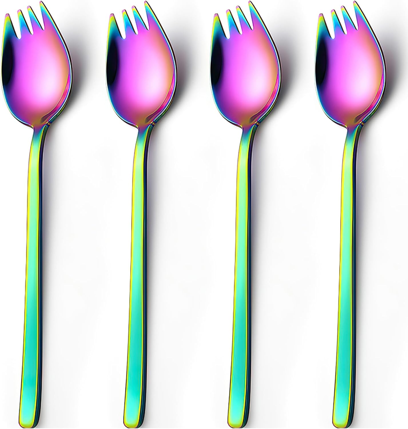 4 Farbenfrohe Gabellöffel, 19 Cm Lang, Aus Edelstahl: Salatgabel, 2-in-1-essgabel, Suppenkelle, Nudellöffel, Multifunktionaler Obst- Und Dessertlöffel – Ideal Für Familienausflüge, Camping Und Picknic