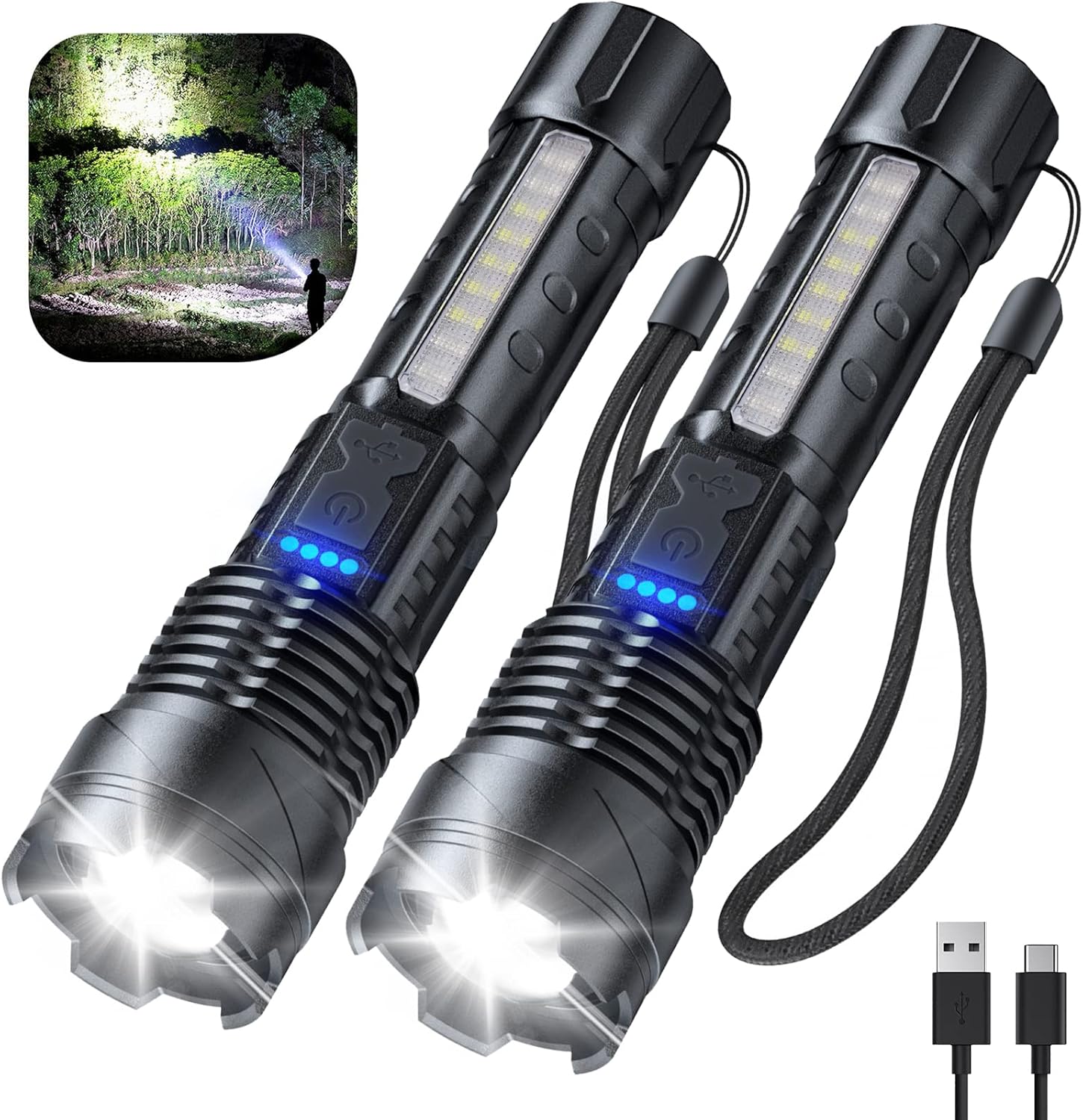 Wiederaufladbare Led-taschenlampe Mit Hoher Leuchtkraft (2er-pack), 990.000 Lumen, 7 Leuchtmodi, Ipx6 Wasserdicht, Leistungsstarke Handtaschenlampe Für Camping Und Notfälle Zu Hause