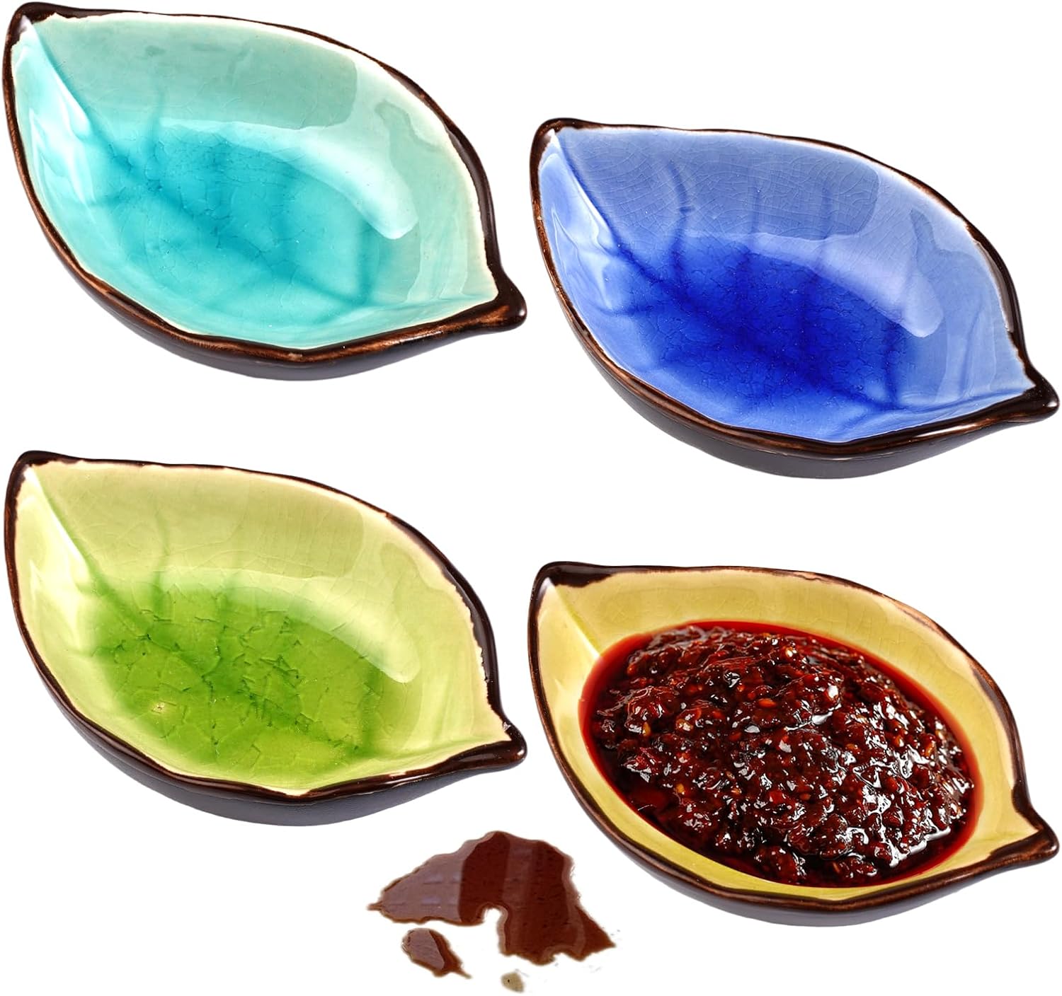 Set Mit 4 Keramik-sojasaucenschalen – 10,8 X 7 X 2,8 Cm – Blattform – Kleine Schalen Für Saucen, Gewürze, Vorspeisen, Obst, Snacks