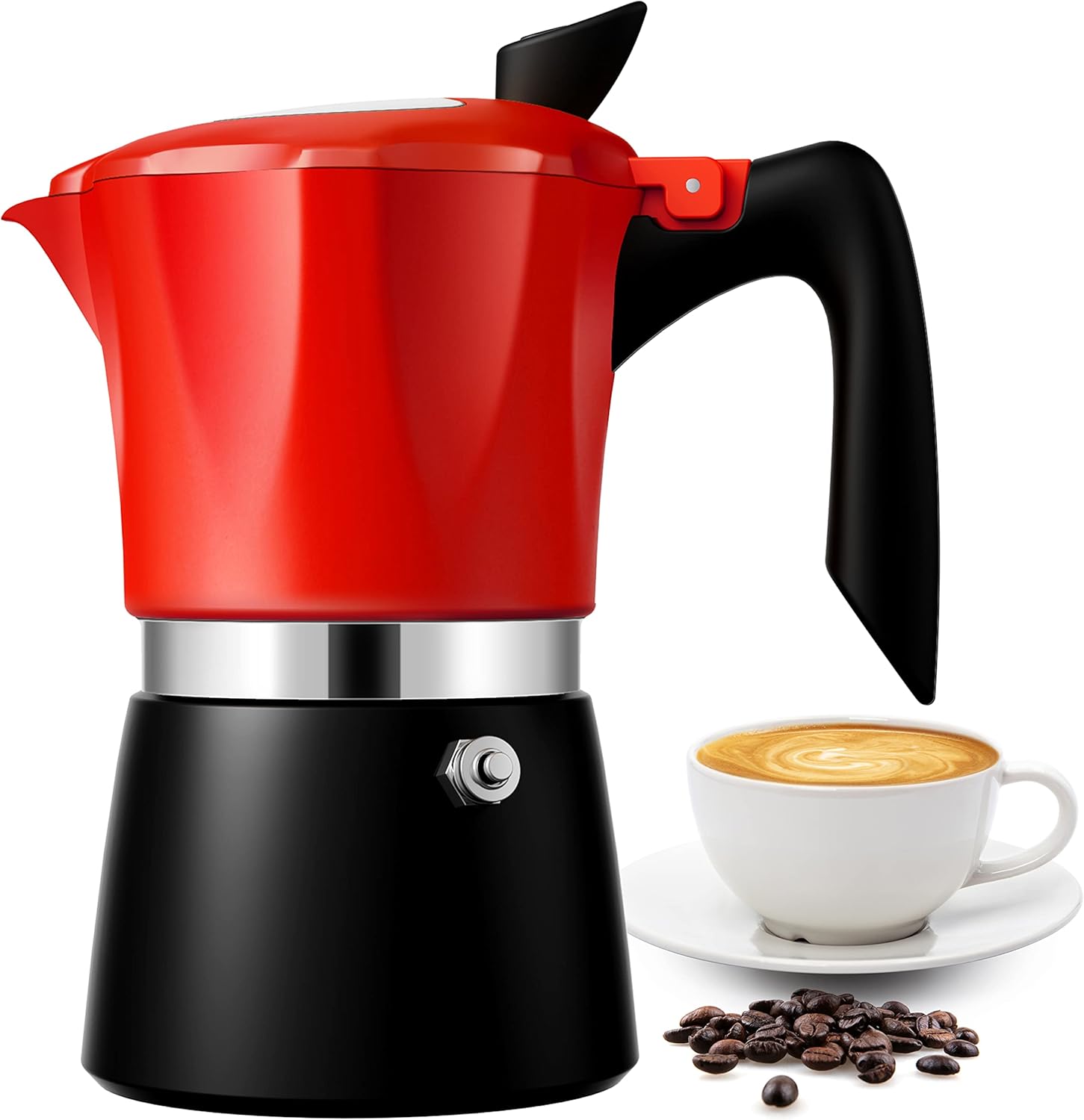 Kochplatte Cafeteria Espresso Topf Moka Italienisch Mit Transparentem Oberdeckel, Espressotassen 300ml-6, Kaffeemaschine Aus Klassischem Aluminium, Rot