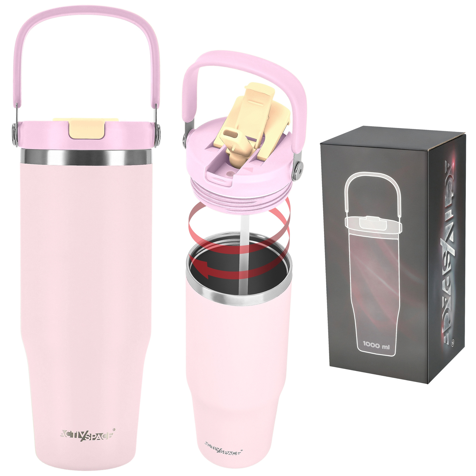 Thermobecher Mit Strohhalm Und Ausgießer Für Kaffee Oder Tee, Auslaufsicher, 1000 Ml – Rosa