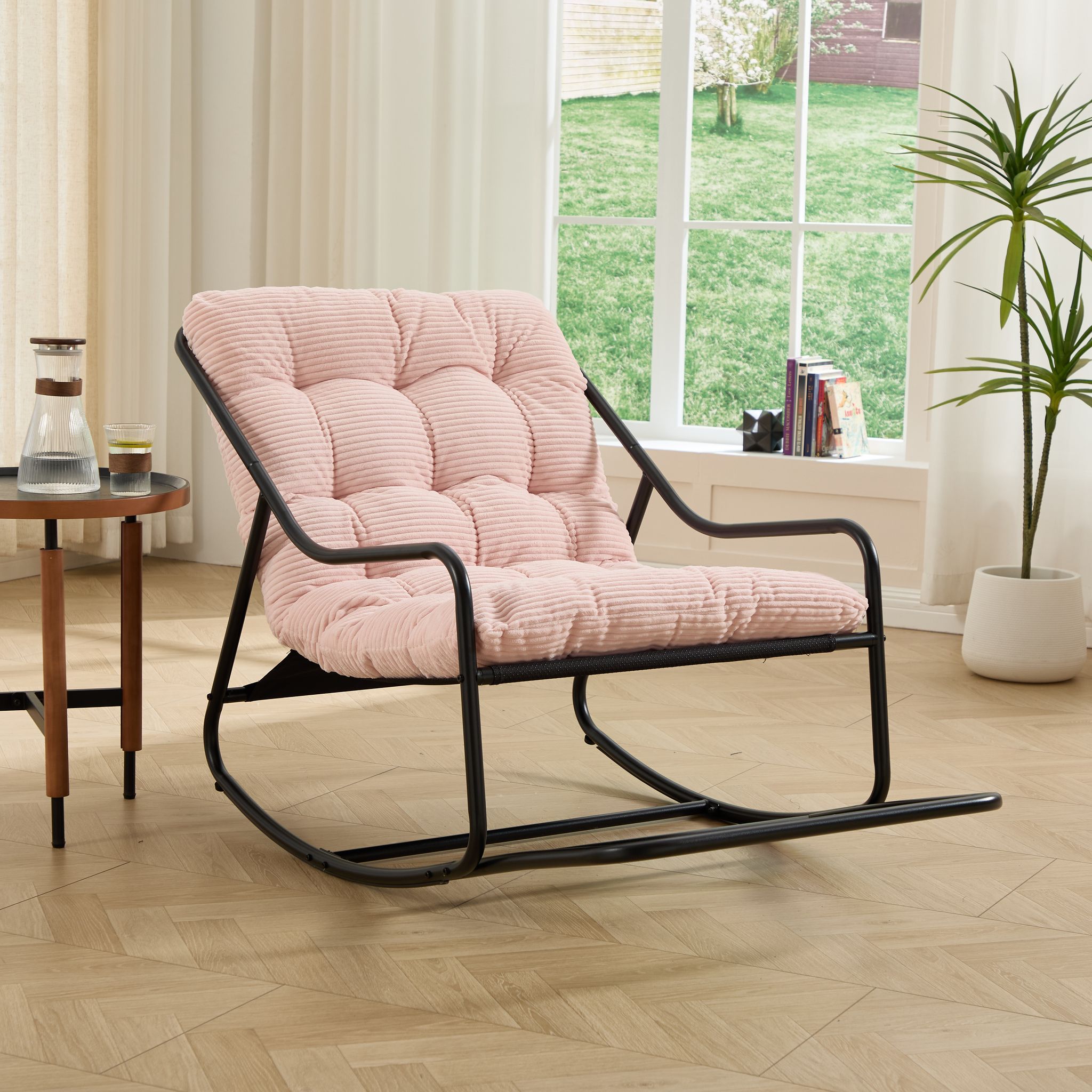 Outdoor Rocking Chair, Comfy Cushion, With Soft Thick Cushion,for Living Room, Bedroom, Reading Room, Black Frame With Pink Cushion