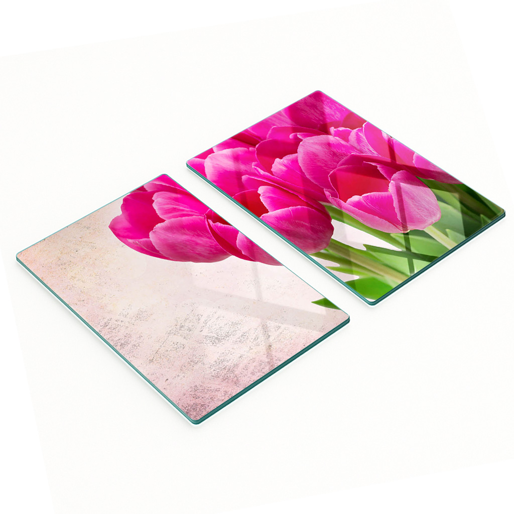 Stilvolle Und Robuste Glasplatten Mit Rosa Tulpenmuster, 2 X 40 X 52 Cm