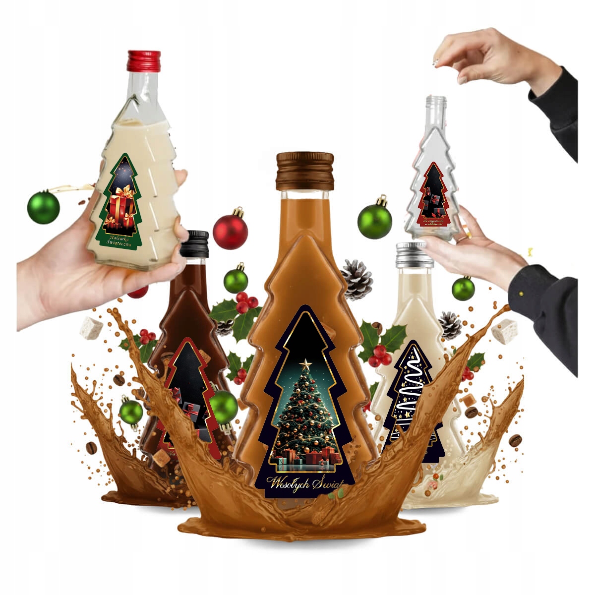 5 Flaschen Mit Weihnachtsbaum-motiv (250 Ml) + Flaschen Mit Weihnachtsbaum-etikett Für Weihnachtsliköre Und Wein