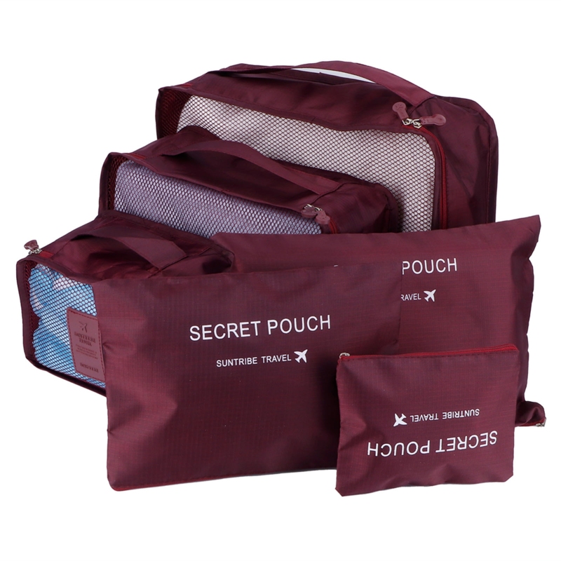 Set Mit 6 Kleideraufbewahrungsbeuteln, Reiseorganizer, Weinrot (120x80cm)