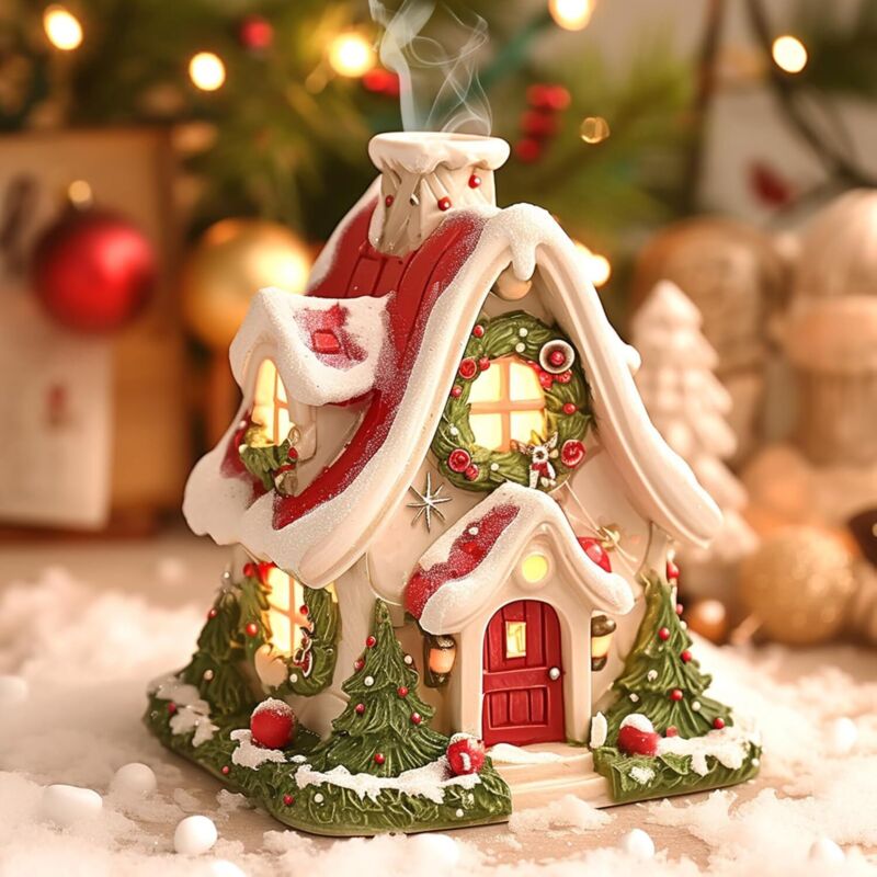 Dekorativer Weihnachtsräuchergefäß – Rustikales Holzdorf Mit Eingebautem Kamin, Für Räucherstäbchen Und -kegel, Ideal Für Zuhause Und Hütte.