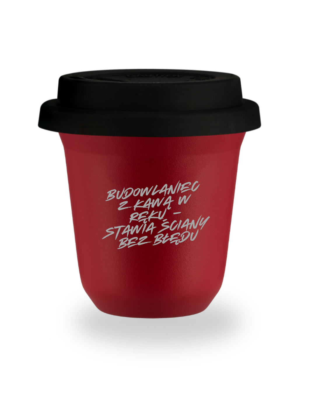240 Ml Roter Becher „bauarbeiter Mit Kaffee In Der Hand – Baut Wände Fehlerfrei“, Mit Schwarzem Deckel