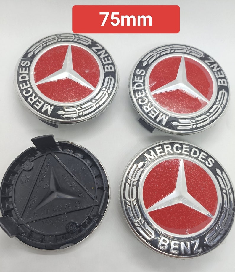Jeu De 4 Caches-moyeux Mercedes-benz De 75 Mm — Fond Rouge Avec Motif Couronne De Lauriers