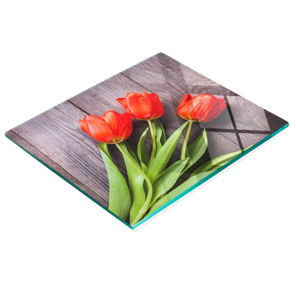 Stilvolle Und Robuste Glasplatte Mit Rotem Tulpenmuster, 60 X 52 Cm