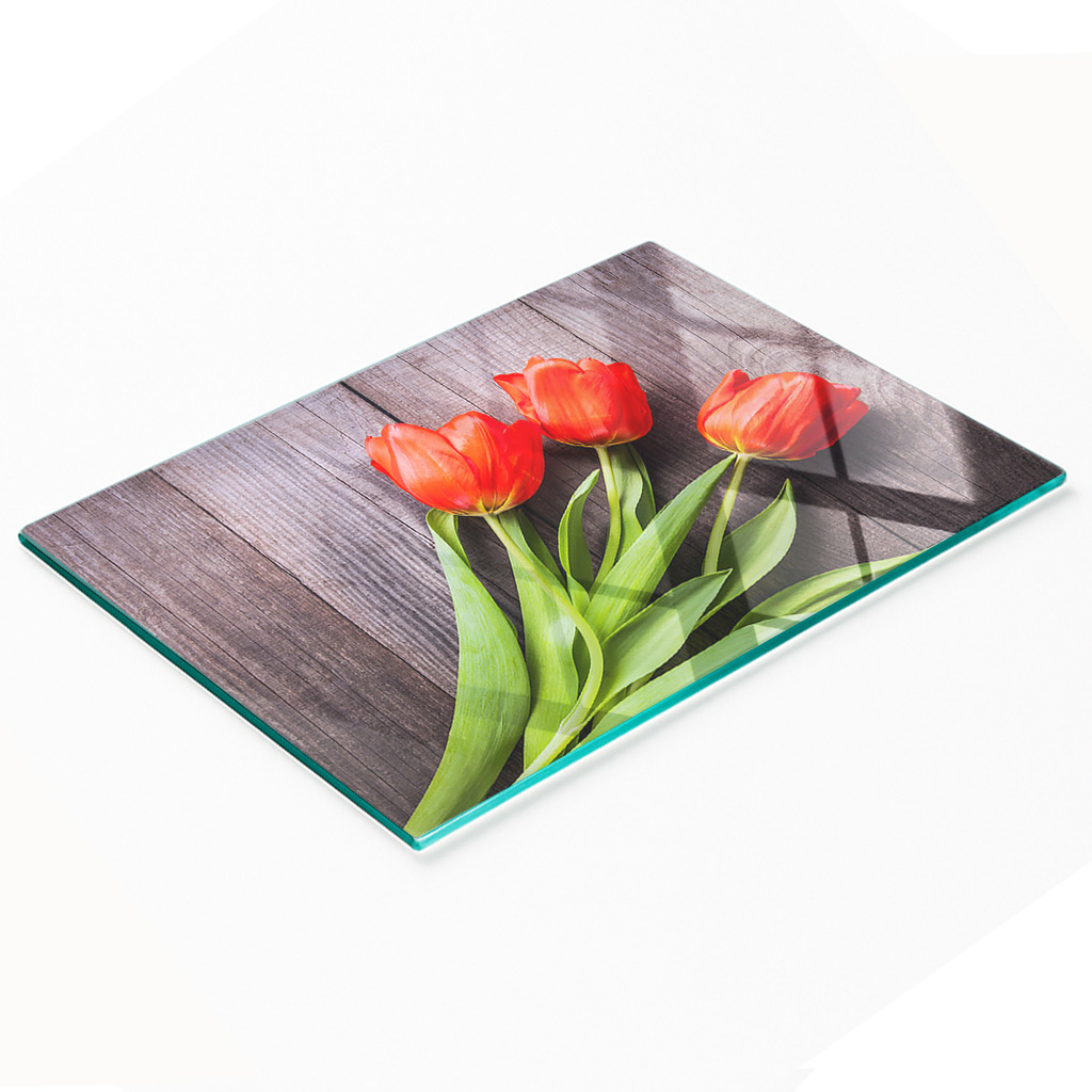 Stilvolle Und Robuste Glasplatte Mit Rotem Tulpenmuster, 80 X 52 Cm