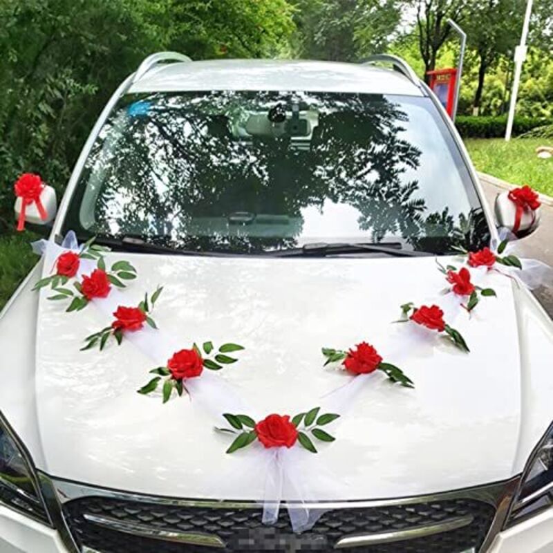 Rustikales Hochzeitsauto-dekorationsset – Tüllschleifen Und Getrocknete Weiße Und Rote Rosen – 2er-set – Ulisem