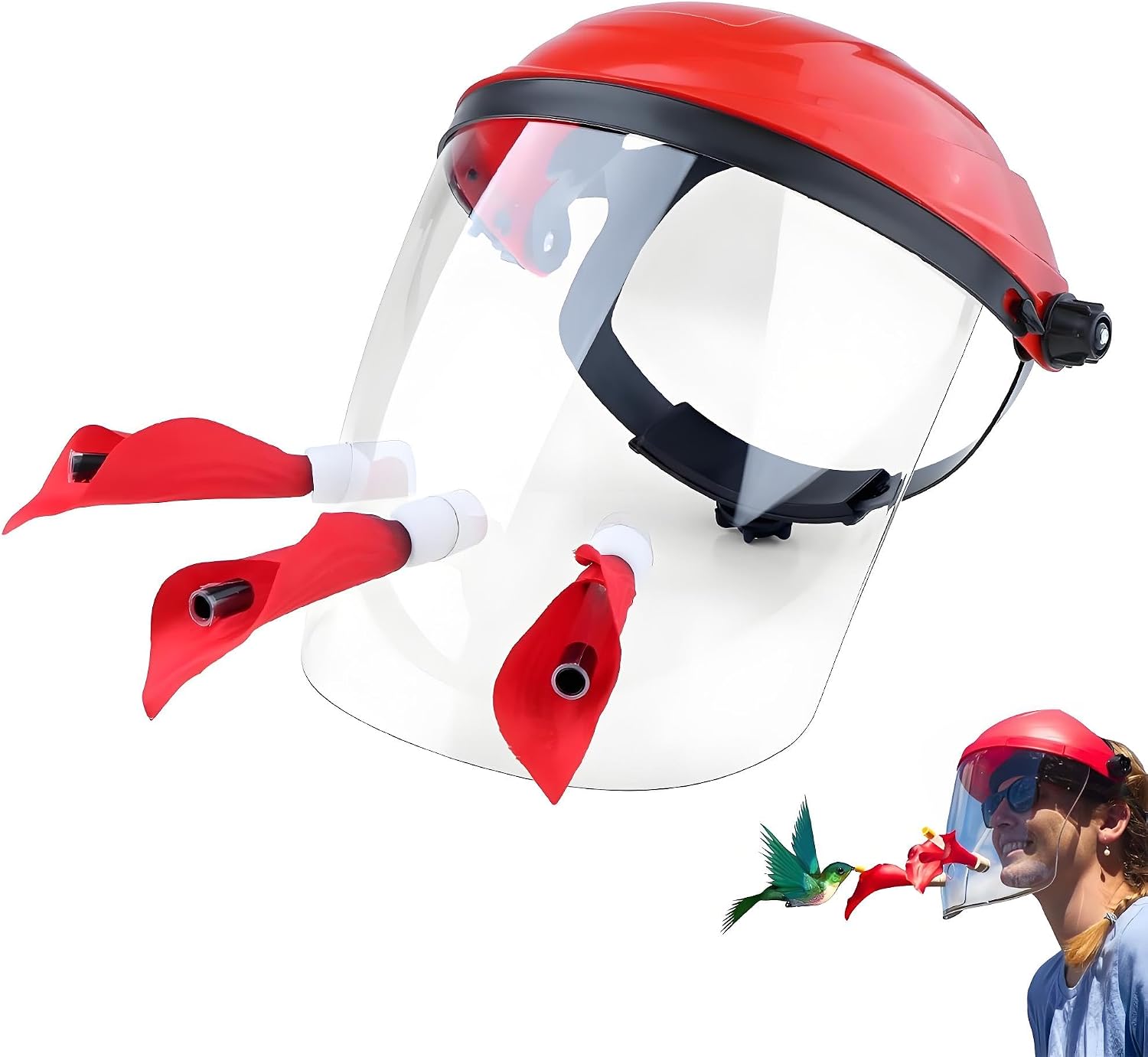 Kolibri-futterhut-maske Freihändiges Design Im Helmstil 3 Auslaufsichere Anschlüsse Und Verstellbares Kopfband Leichtes Pvc Für Die Vogelbeobachtung Im Freien Und Mit Eltern Und Kindern Rot