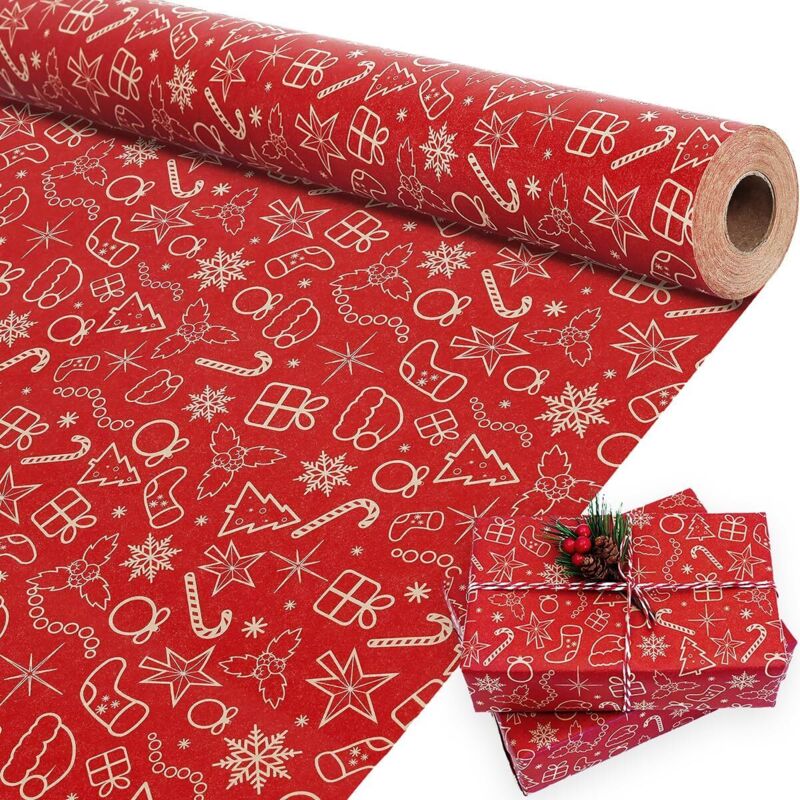 Weihnachtsgeschenkpapierrolle, Ideal Für Die Feiertage, Geschenkpapier Mit Weihnachtsmannmütze Und Weihnachtsbaummotiven, 43 X 300 Cm.