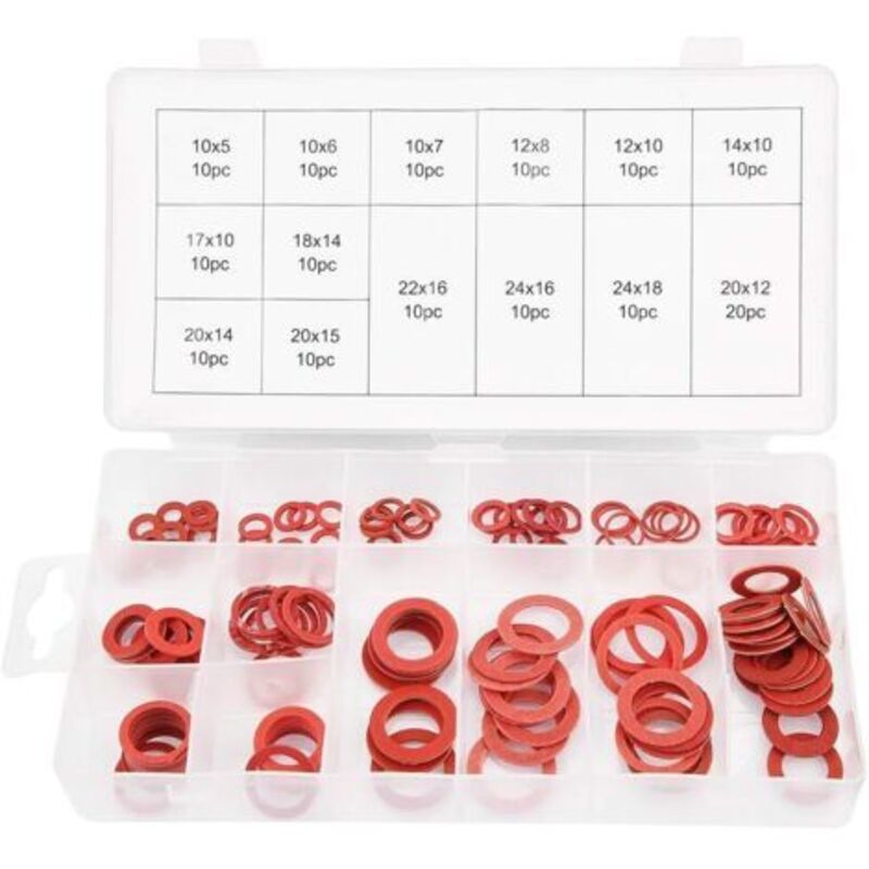 [niemals Verwendet] O-ring - Rote Stahl-papierfaser-flachscheiben-set, Sortierte Isolierdichtung Mit Box, 150 Stück, 14 Größen