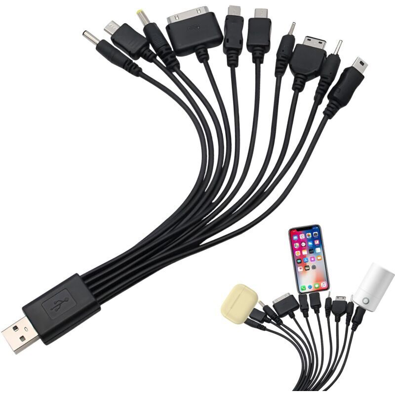 10-in-1 Universal-ladekabel Mit Austauschbaren Steckern, Kompatibel Mit Samsung, Lg, Huawei, Zte, Sony, Nokia Und Psp, Schwarz – Ulisem