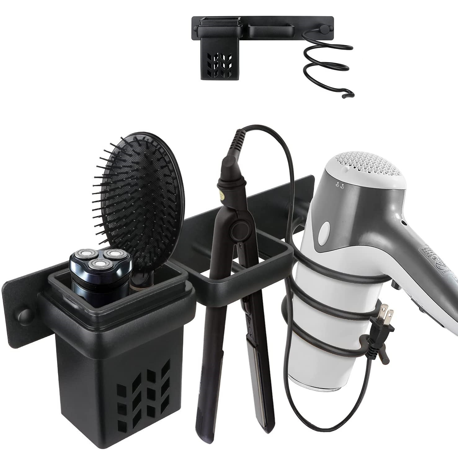 Aluminium-haartrockner-halter, Badezimmer-aufbewahrungszubehör, Organizer-halter-set Und Professionelles Glätteisen-regal Zur Wandmontage, Schwarz