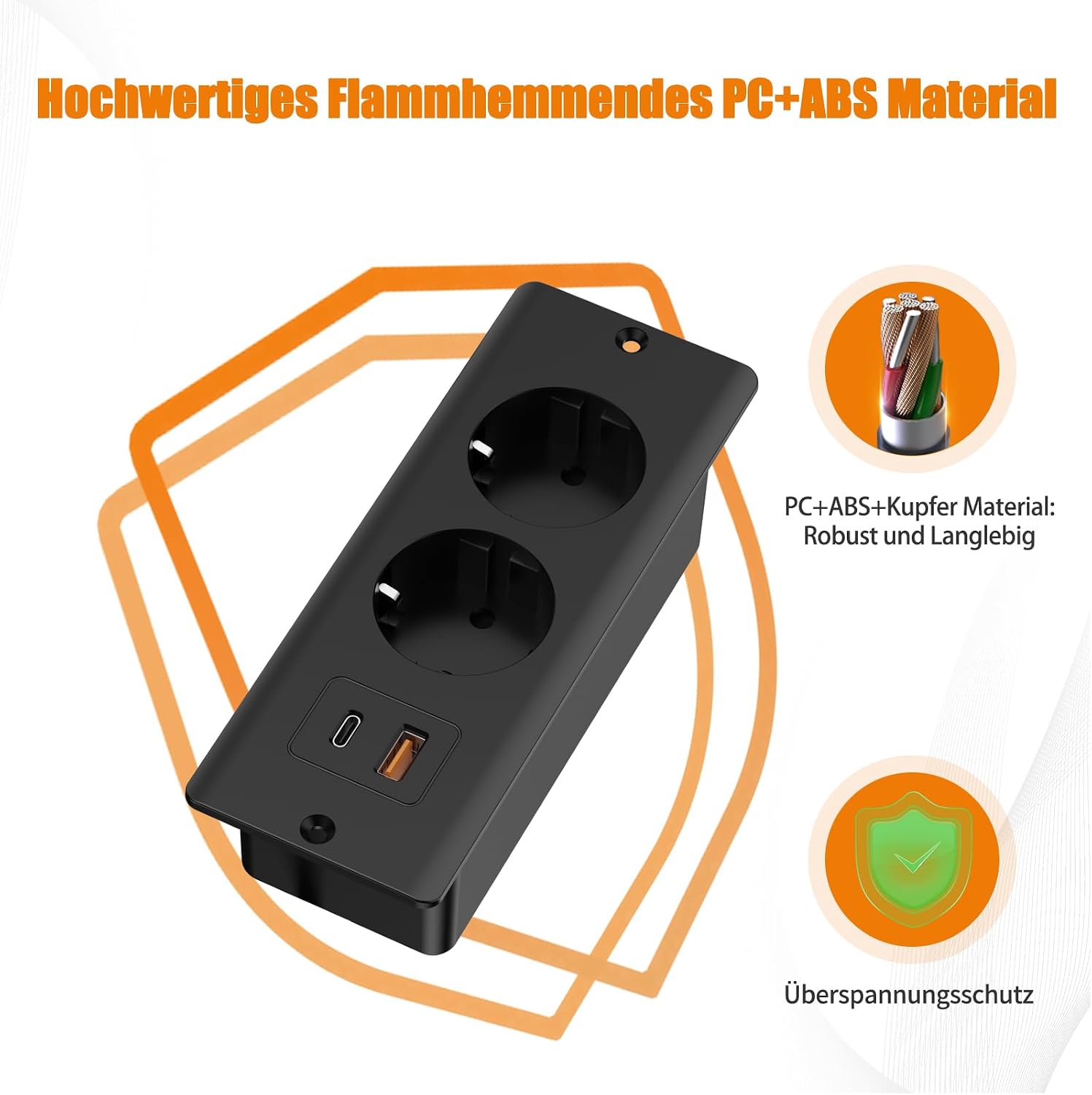 Tafel, Integrierter Anschluss Mit 1 Usb Und 1 Typ C, Integrierter Anschluss, Stromversorgung Mit 2 M Kabel, Tafelanschluss, Doppelte Steckverbindung Für Die Arbeitsplatte, Schwarz