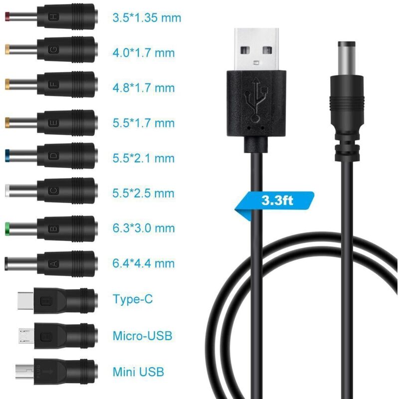 Usb-auf-dc-5v-stromkabel – 11-in-1-adapter Mit 5,5 X 2,1 Mm Hohlstecker, 1 M, Schwarz, Für Laptop Und Router