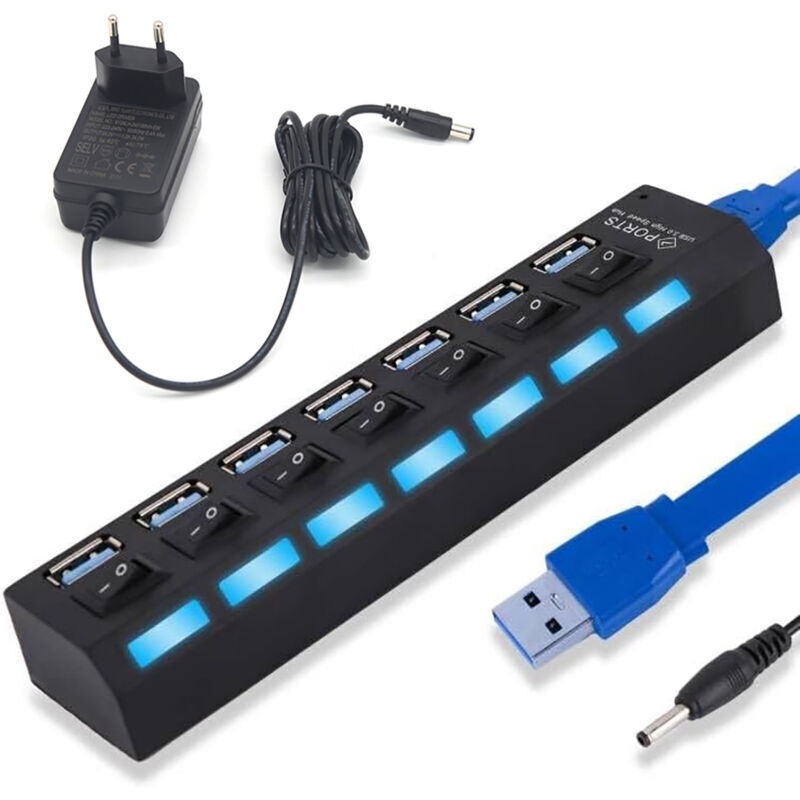 7-port Usb 3.0 Hub Mit Led-schaltern Und Netzteil Für Laptop Und Pc