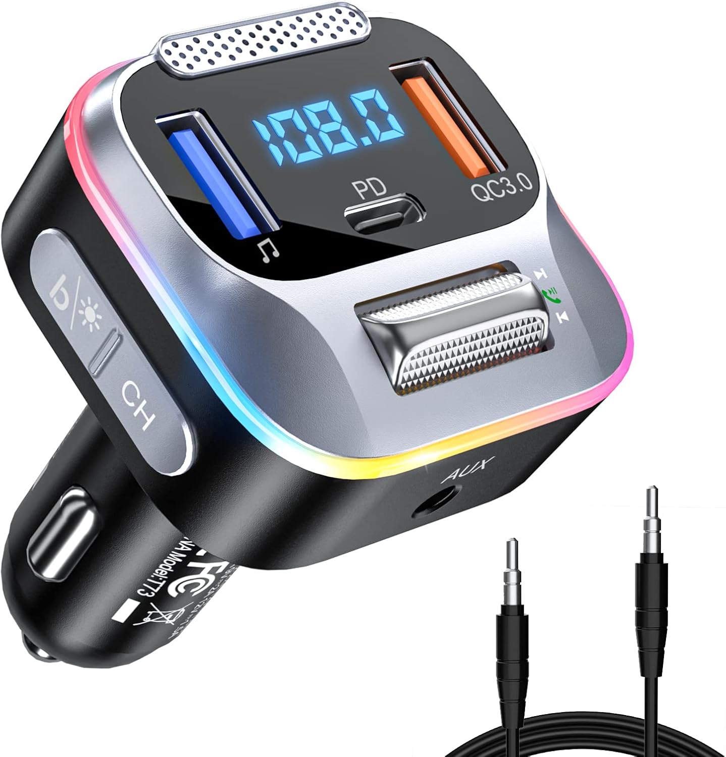 Bluetooth-fm-autosender, Bluetooth 5.0-zigarettenanzünder-ladegerät (pd+qc3.0), Aux-empfänger, Großes Mikrofon, Hifi-sound Mit Tiefen Bässen, Freisprechfunktion, Siri Und Google Assistant