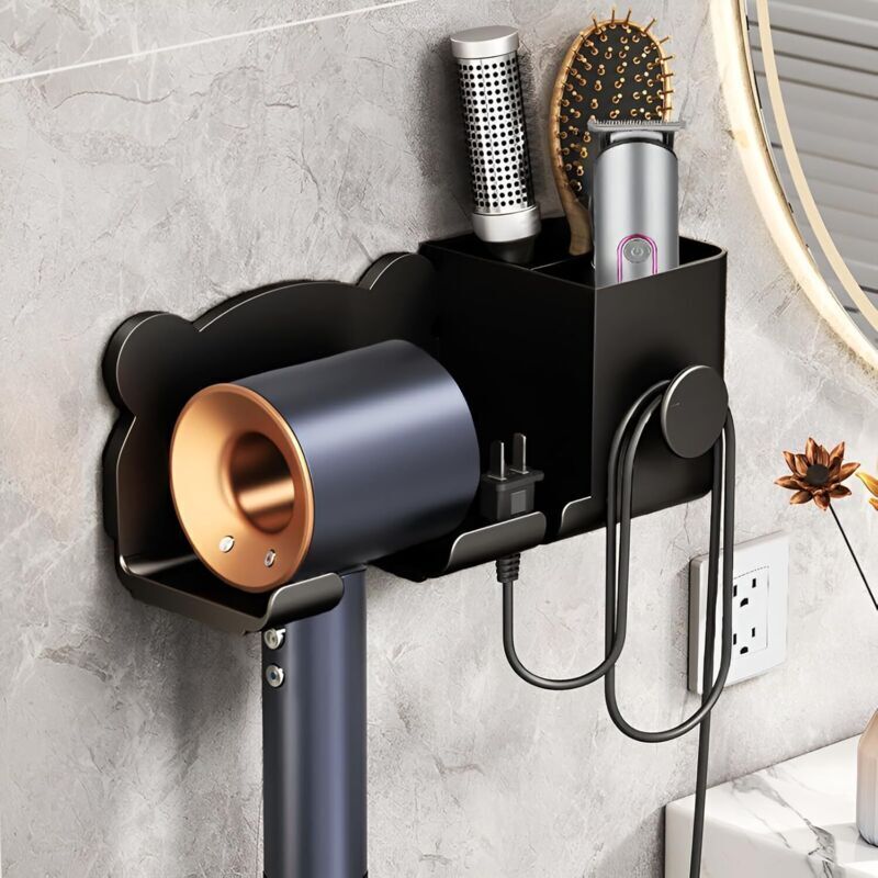Selbstklebende Wandhalterung Für Haartrockner Mit Kabelaufwicklung Und Stecker, Schwarz – Ideal Für Badezimmer- Oder Schranktüren – Ulisem