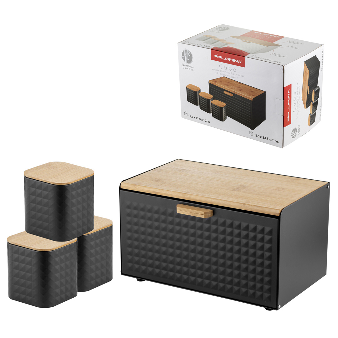 Küchenset: Brotkasten Und 3 Behälter Für Kaffee, Tee, Zucker, Florina Cube, Schwarz