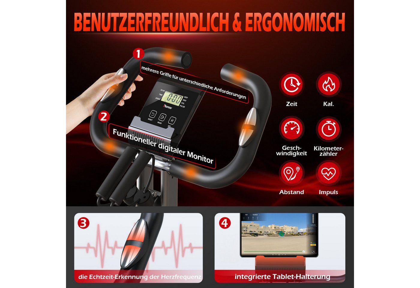 Heimtrainer - Pasyou - Px10 - Faltbar 3-in-1 - 10 Magnetische Widerstandsstufen - Verstellbarer Sitz