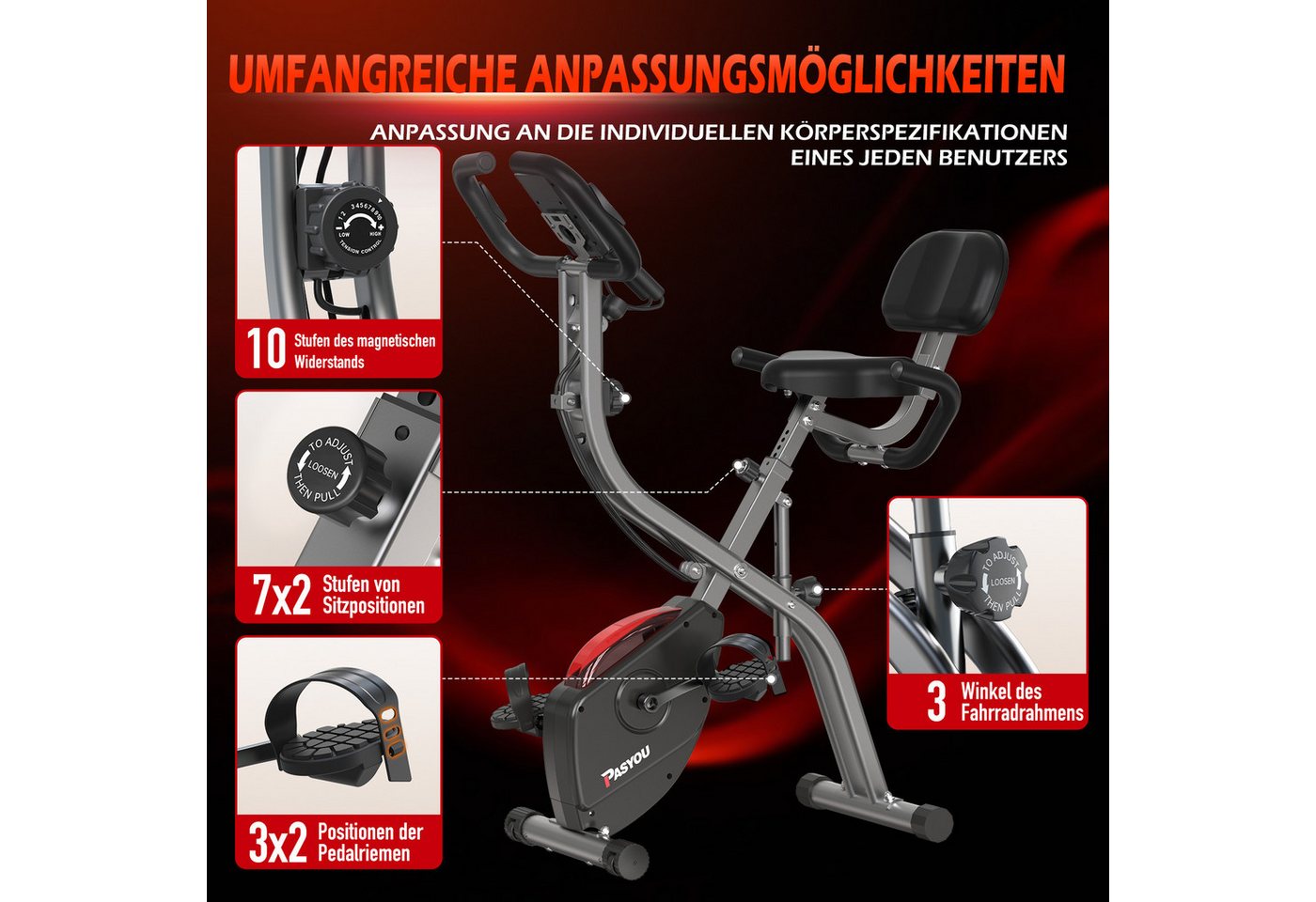 Heimtrainer - Pasyou - Px10 - Faltbar 3-in-1 - 10 Magnetische Widerstandsstufen - Verstellbarer Sitz Bild 5