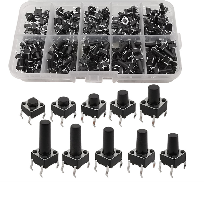 100 Stück Taktile Drucktastenschalter Mit 10 Werten, 6 X 6 Mm, Schaltersortiment, Schwarz