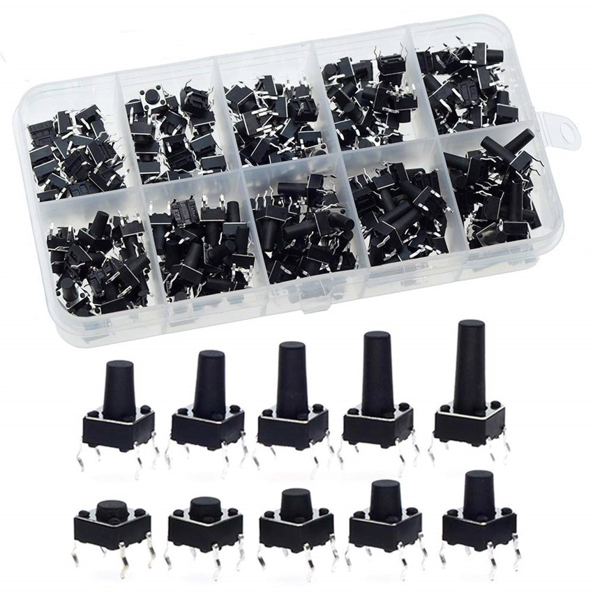 200 Stück Taktile Drucktastenschalter Mit 10 Werten, 6 X 6 Mm, Schaltersortiment, Schwarz