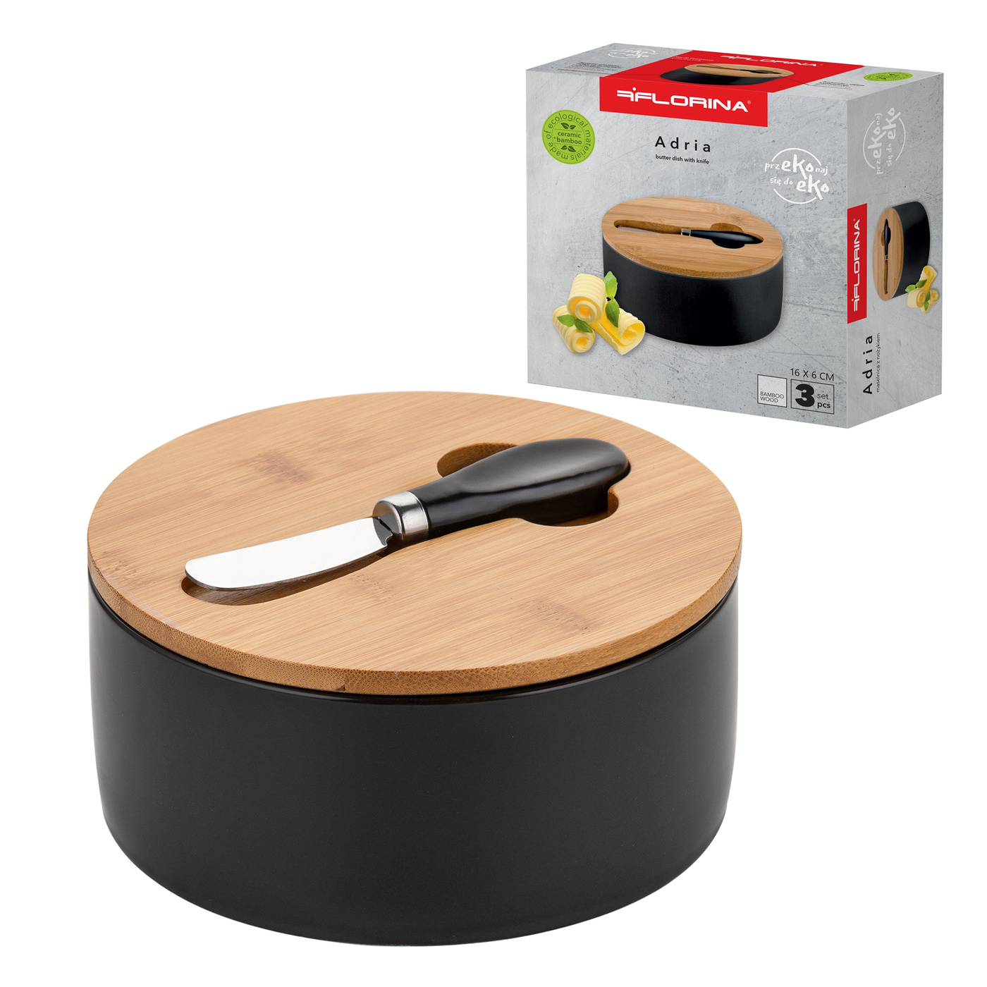 Butterdose Mit Bambusdeckel Und Messer Florina Adria 16x6 Cm Schwarz