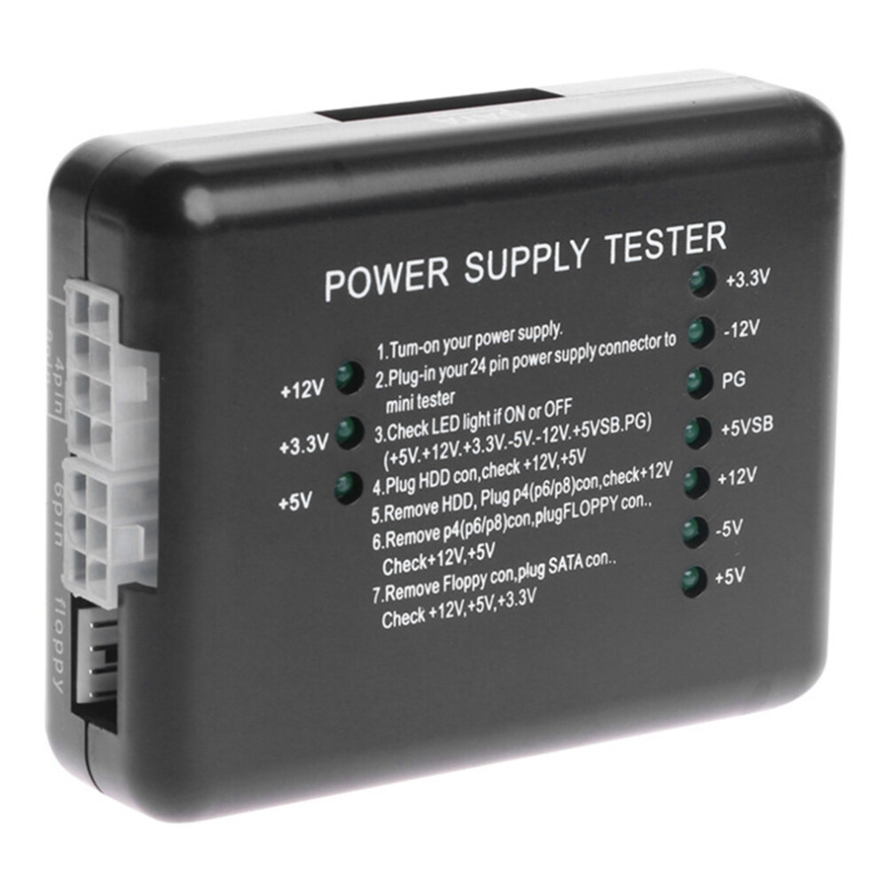 Ein 20/24-poliger Pc-netzteiltester Für Atx-sata-festplattennetzteile Mit Led-anzeigen, Der Spannungen Von 12 V, 5 V Und 3,3 V Messen Kann.
