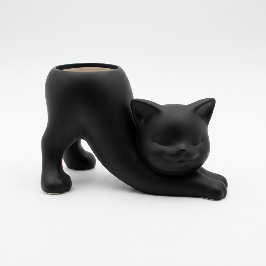 Schwarzer Blumentopf In Form Einer Sich Streckenden Katze Für Sukkulenten Und Kakteen