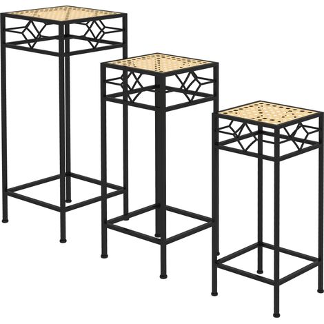 Blumenständer. 3er-set. Rund. Stapelbar. Rattanoptik. Metallbeine. Für Drinnen Und Draußen Geeignet. Schwarz/gold